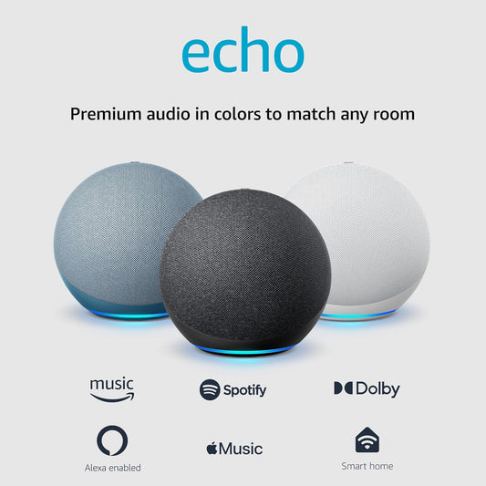 Echo (Newest Model), Ideal for Communal Spaces and Large Bedrooms, Alexa Speaker with Premium Sound, Charcoal